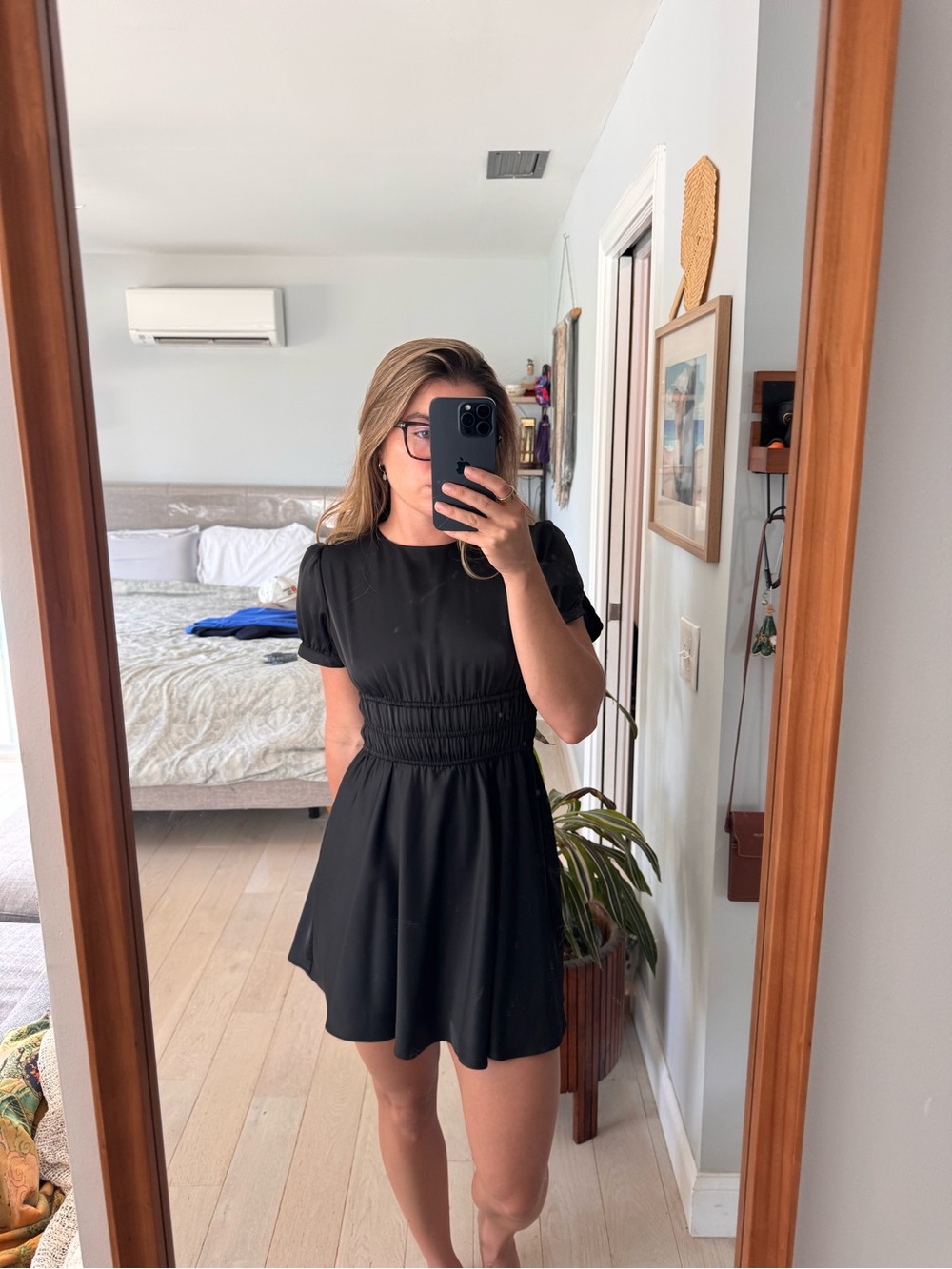 Sunday Best Black Short-Sleeve Smocked-Waist Mini Dress